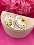 White Faux Leather Teardrop with Yellow Floral Design Earrings