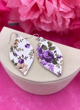 White Faux Leather Teardrop with Purple Floral Design Earrings