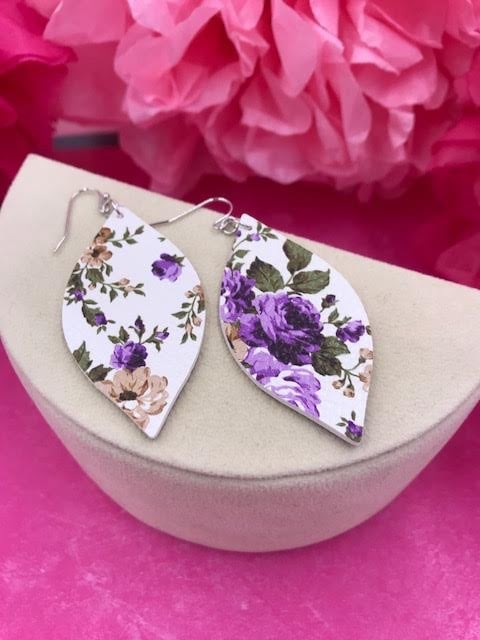 White Faux Leather Teardrop with Purple Floral Design Earrings