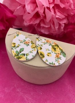 White Faux Leather with Yellow Floral Design Earrings