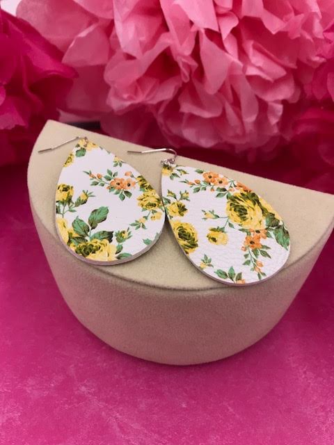 White Faux Leather with Yellow Floral Design Earrings