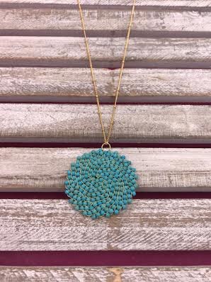 Turquoise Beaded Pendant on Long Gold Chain