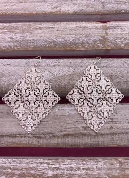 Silver Diamond Shaped Earrings with Intricate Design