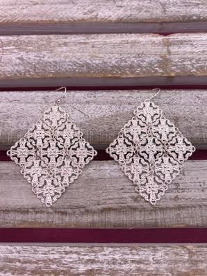 Silver Diamond Shaped Earrings with Intricate Design