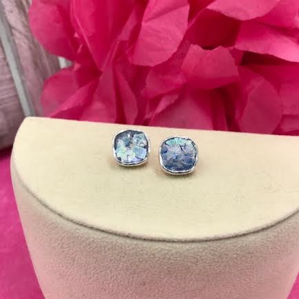 Sterling Silver Soft Diamond Shape Roman Glass Stud Earrings