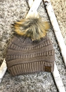 Taupe Winter Hat with Natural Faux Pom