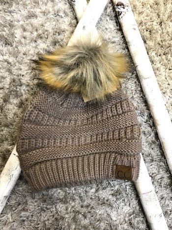 Taupe Winter Hat with Natural Faux Pom