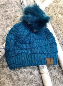 Teal Knit Winter Hat with Color Matching Pom