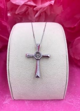 Sterling Silver Dancing Stone Pendant 18” Box Chain Fancy Cross Paved with Cubic Zirconia