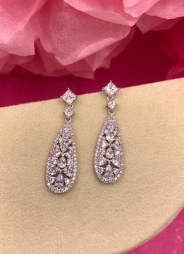 Silver AAA Cubic Zirconia Long Pave Dangling Earrings with Multi-Shaped Stones