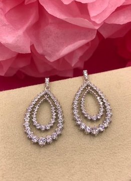 Silver AAA Cubic Zirconia Open Tear Drop Dangling Earrings with Round Stones