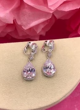 Silver AAA Cubic Zirconia Large Dangling Tear Drop Clip-On Earrings