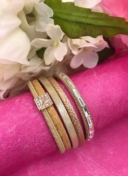 Tan Leather  Magnetic Clasp Bracelet with Square Charm