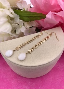 Gold Long Earrings with a White Stone At End
