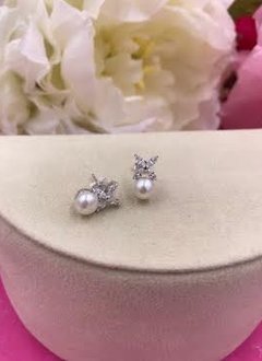 Italian Sterling Silver Cubic Zirconia Flower Earrings with Pearl
