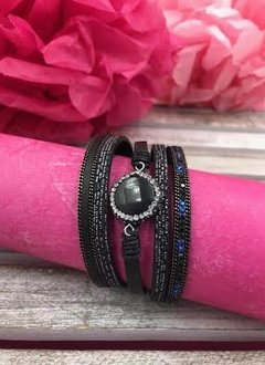 Black Multi-Strand Bracelet with Round Stone at the Center