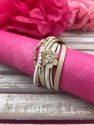 Beige Multi-Strand Wrap Bracelet with A Petite Flower