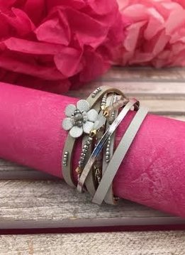 Gray Multi-Strand Wrap Bracelet with A Petite Flower