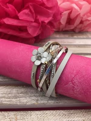 Gray Multi-Strand Wrap Bracelet with A Petite Flower