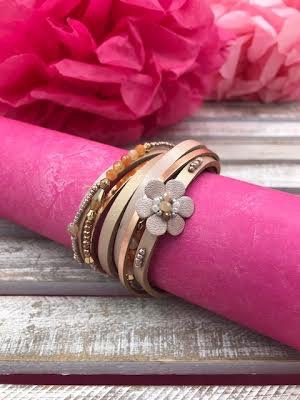 Pink Multi-Strand Wrap Bracelet with A Petite Flower