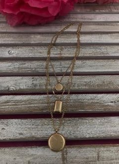 Three Layered Gold Necklace with Round and Square Pendant