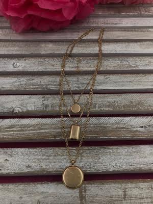 Three Layered Gold Necklace with Round and Square Pendant