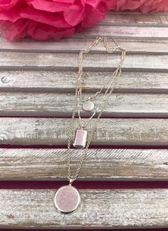Three Layered Silver Necklace with Round and Square Pendant