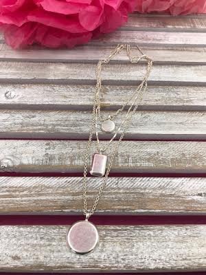 Three Layered Silver Necklace with Round and Square Pendant