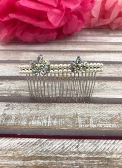 Silver Pearl and Iridescent Flower Rhinestone Hair Comb
