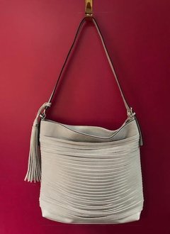 Tassel Accent Unique Layered Strip Boho Faux Leather Purse in Light Grey