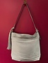 Tassel Accent Unique Layered Strip Boho Faux Leather Purse in Light Grey