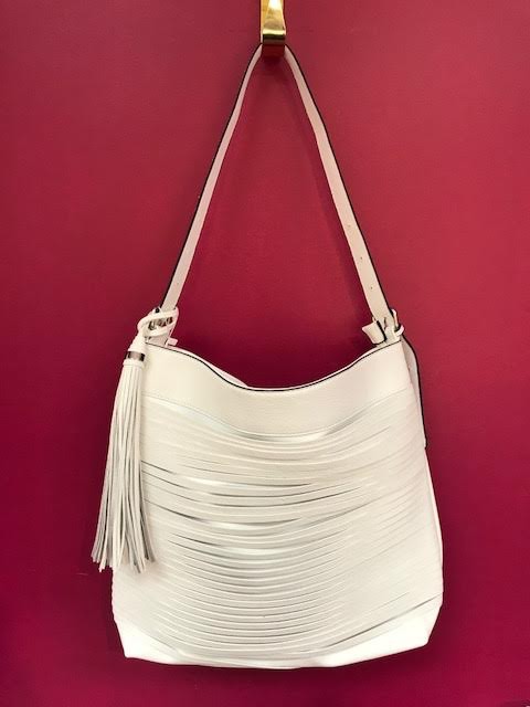 Tassel Accent Unique Layered Strip Boho Faux Leather Purse in White