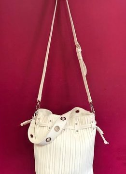 Vertically Lined Drawstring Shoulder Bag in White