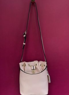 Chain Accent Drawstring Bucket Faux Leather Shoulder Bag in Blush