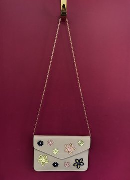 Solid and Patched Flower Flap Over Clutch with Chain Strap in Beige