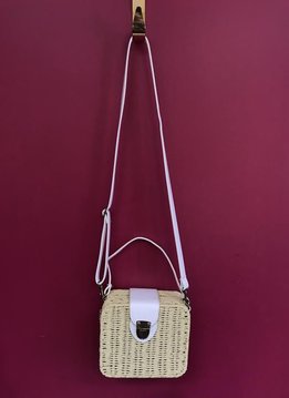 Small Straw Flap Over Messenger Bag in Beige