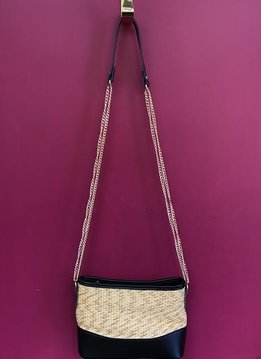 Straw and Solid Trim Messenger Bag with Strap in Black
