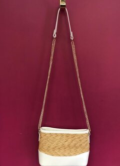 Straw and Solid Trim Messenger Bag with Strap in White
