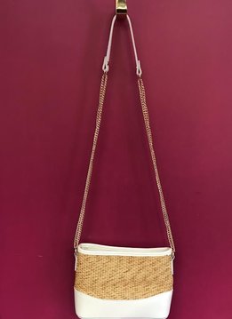 Straw and Solid Trim Messenger Bag with Strap in White