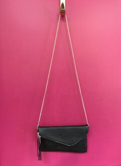 Solid Flap Over Envelope Clutch with Strap in Black