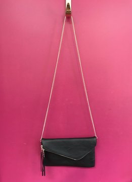 Solid Flap Over Envelope Clutch with Strap in Black