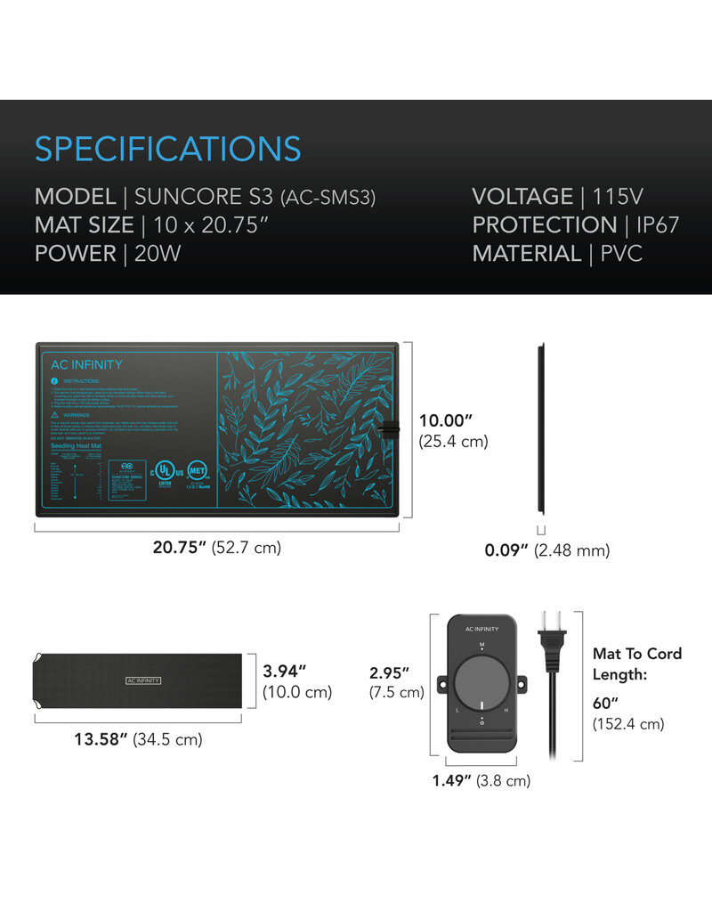 AC Infinity SUNCORE S3, Seedling Heat Mat with Heat Controller, IP-67 Waterproof, 10 Inch x 20.75 Inch
