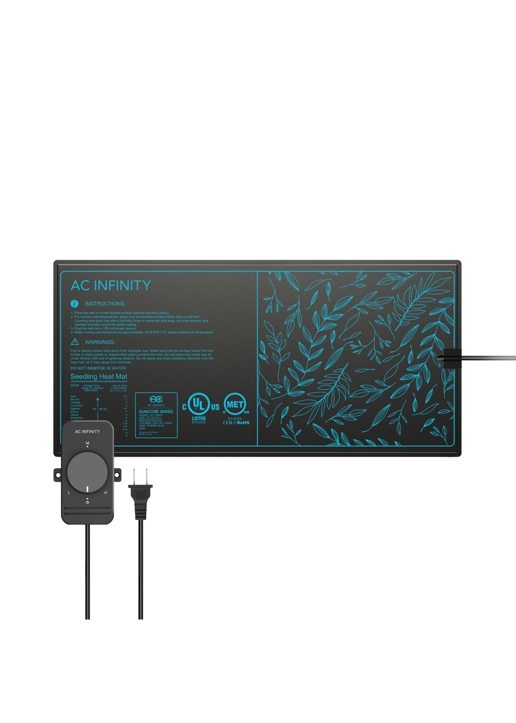 AC Infinity SUNCORE S3, Seedling Heat Mat with Heat Controller, IP-67 Waterproof, 10 Inch x 20.75 Inch