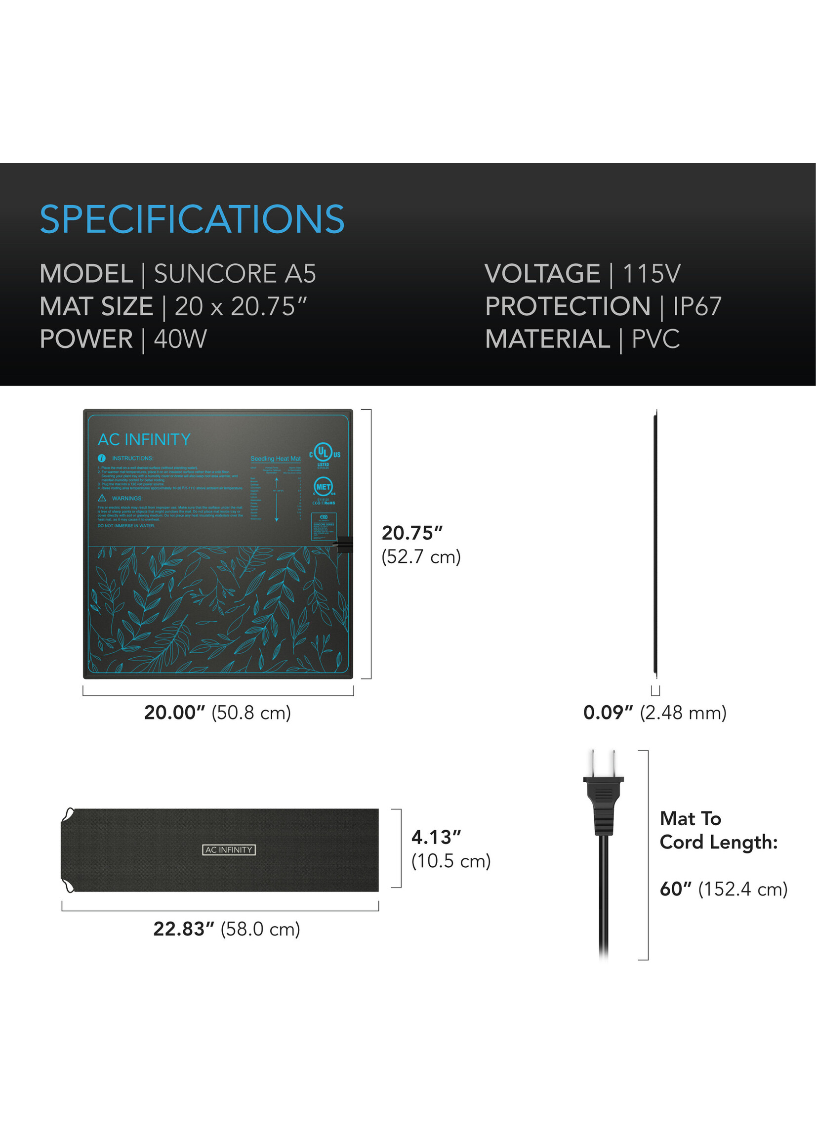 SUNCORE A5, Seedling Heat Mat, IP-67 Waterproof, 20 Inch x 20.75 Inch