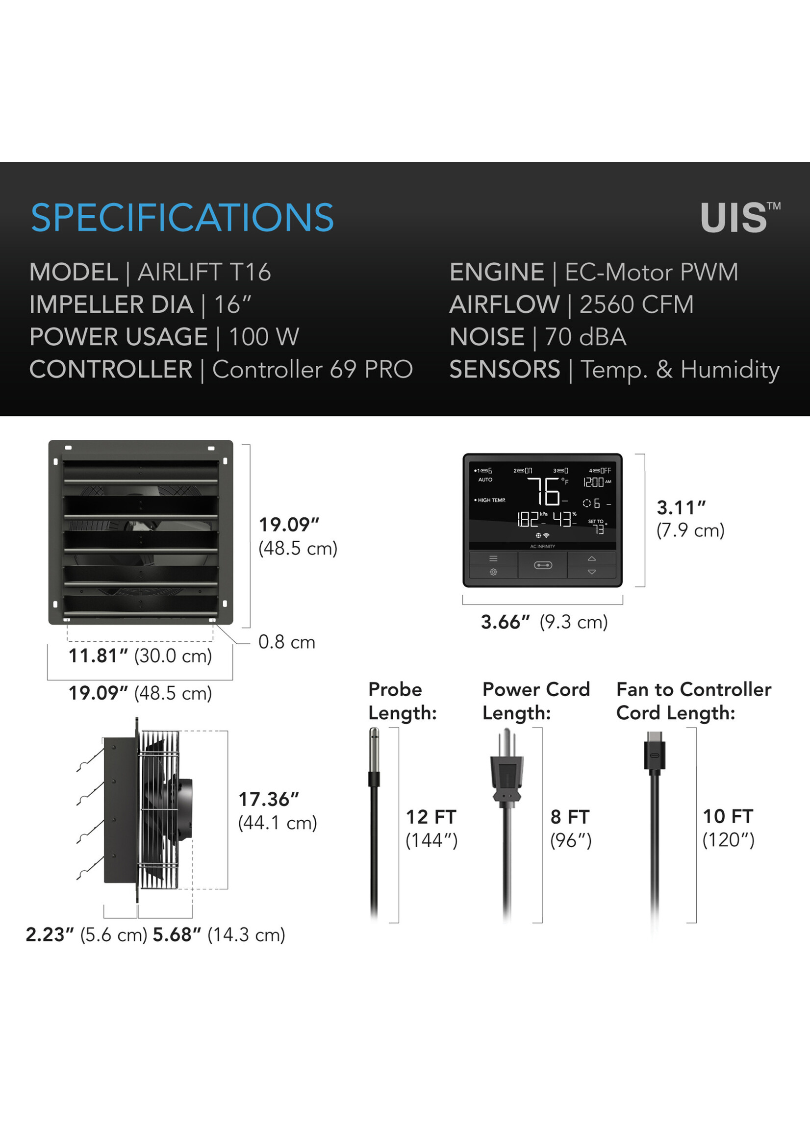 AIRLIFT T16, Shutter Exhaust Ventilation Fan 16", Temperature and Humidity Controller