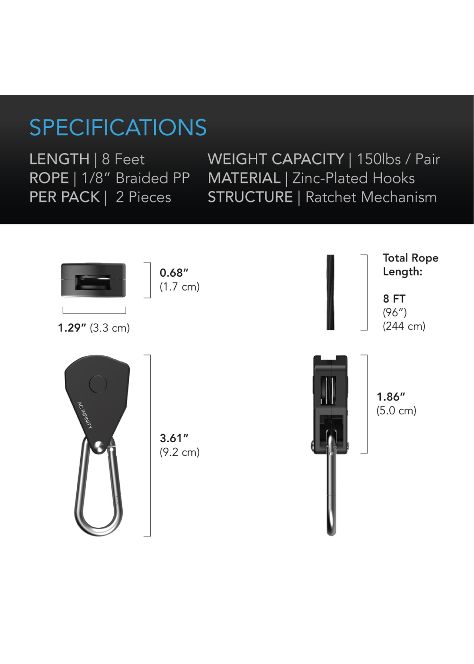 AC Infinity Rope Ratchet Light Hanger 1/8" Pair
