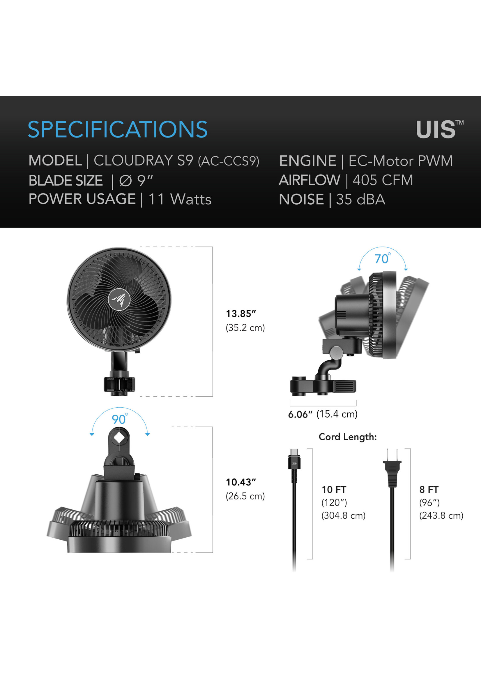 AC Infinity CLOUDRAY S9 GEN2, Grow Tent Clip Fan 9IN with 10 Speeds, EC-Motor, Auto Oscillation