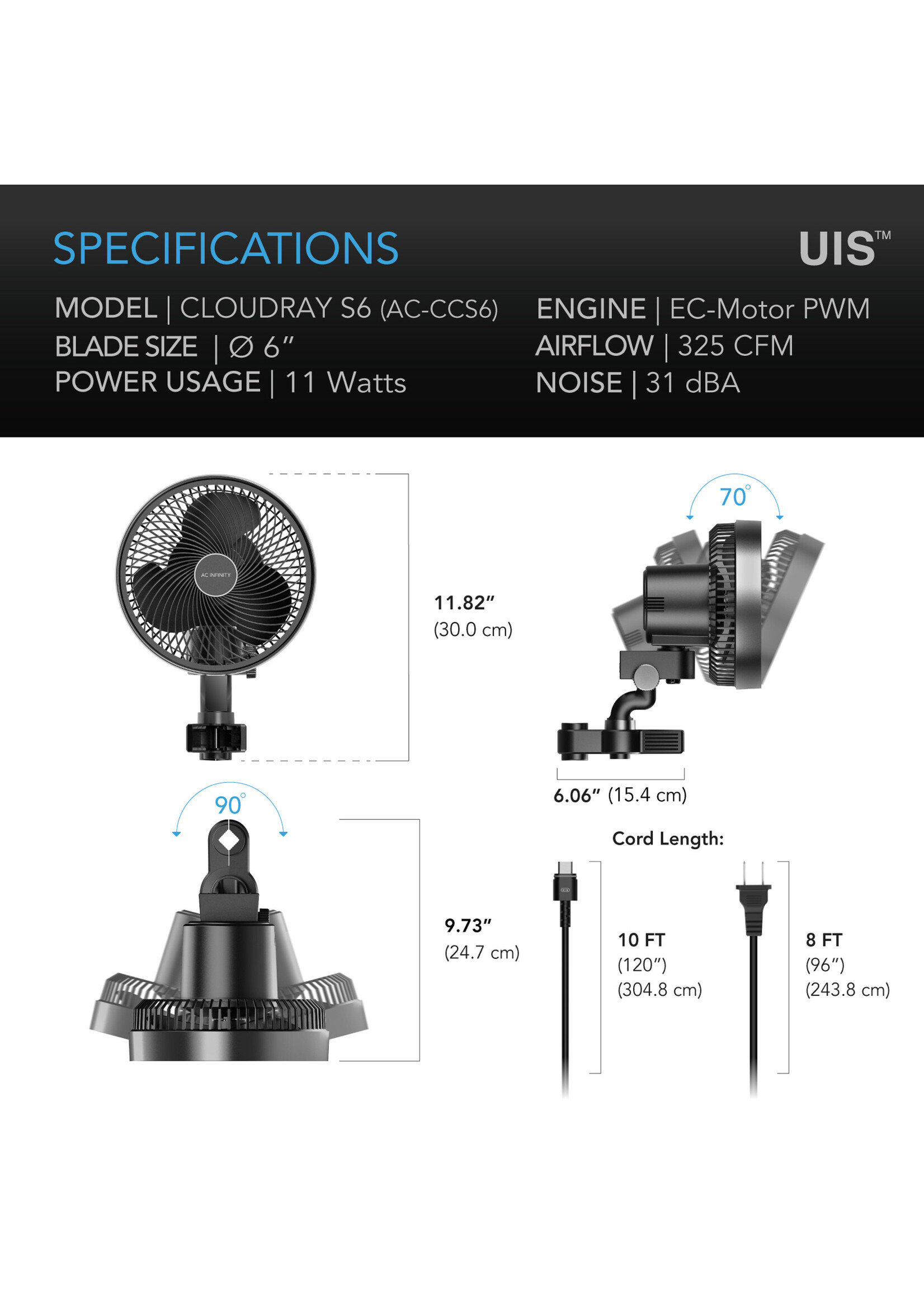 AC Infinity CLOUDRAY S6 GEN2 Grow Tent Clip Fan 6IN with 10 Speeds EC-Motor Auto Oscillation