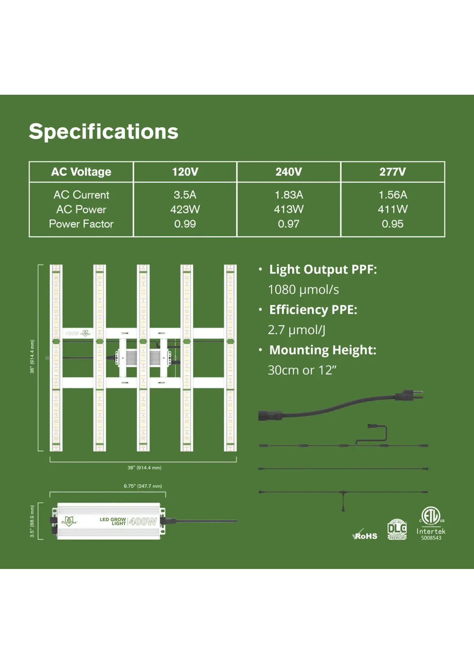 FloraFlex Floraflex 400W Full Spectrum LED Grow Light 120-277V