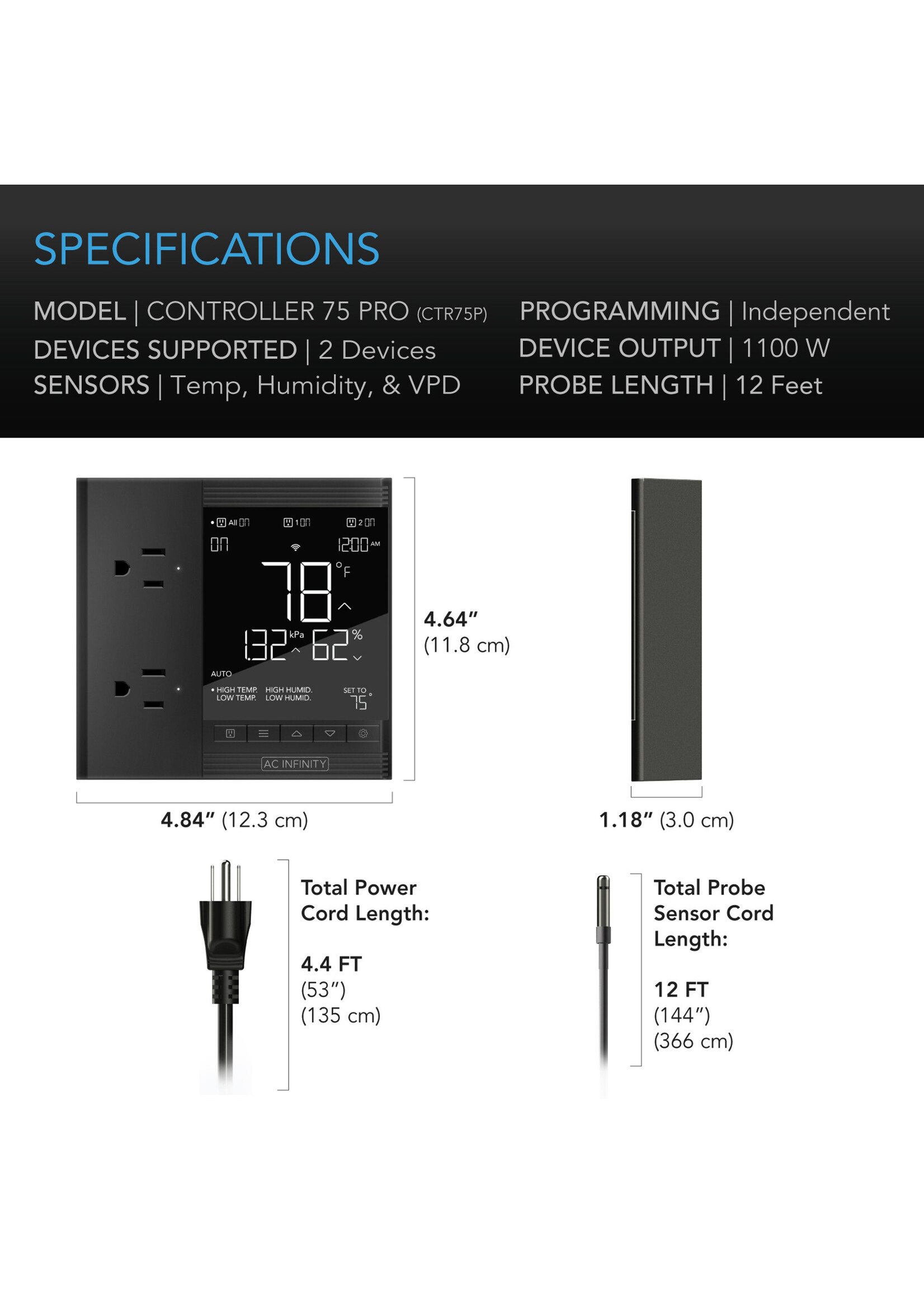 AC Infinity AC Infinity Controller 75 PRO WiFi for Two Devices, Dynamic VPD, Temperature, Humidity, Scheduling, Data App, Bluetooth